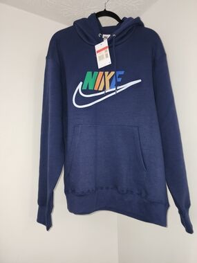 Nike Men's Navy Blue Pullover Hoodie with Multicolor Logo